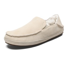 OLUKAI Nohea Slipper, Women's Slip-On Shoes, Genuine Shearling & Premium Nubuck Leather, Drop-in Heel Design, Cozy & Ultra-Soft Comfort Fit, Bone/Bone, 7