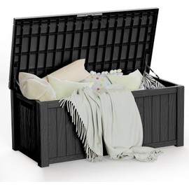 ROCKBIRDS 120-Gallon Outdoor Deck Box – Waterproof Patio Storage Bin with Lockable Lid, UV-Resistant Resin – Multi-Functional Bench & Table Design for Backyard, Poolside, All-Weather Use, Black