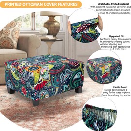 TOPHMDECOR Ottoman Cover Rectangle Printed,Stretch Footstool Slipcover with Elastic Bottom,Soft Fabric Protector for Rectangular Ottoman in Living Room or Bedroom,Medium,Navy & Green