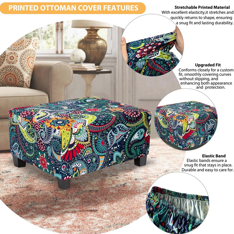 TOPHMDECOR Ottoman Cover Rectangle Printed,Stretch Footstool Slipcover with Elastic Bottom,Soft