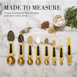 Gold Magnetic Measuring Spoons with Leveler - Featuring 8-Piece Upgraded Style, Dual-Sided, Stackable, Stainless Steel Gold Measuring Spoons Set - Fits in Spice Jars, Gold Kitchen Accessories