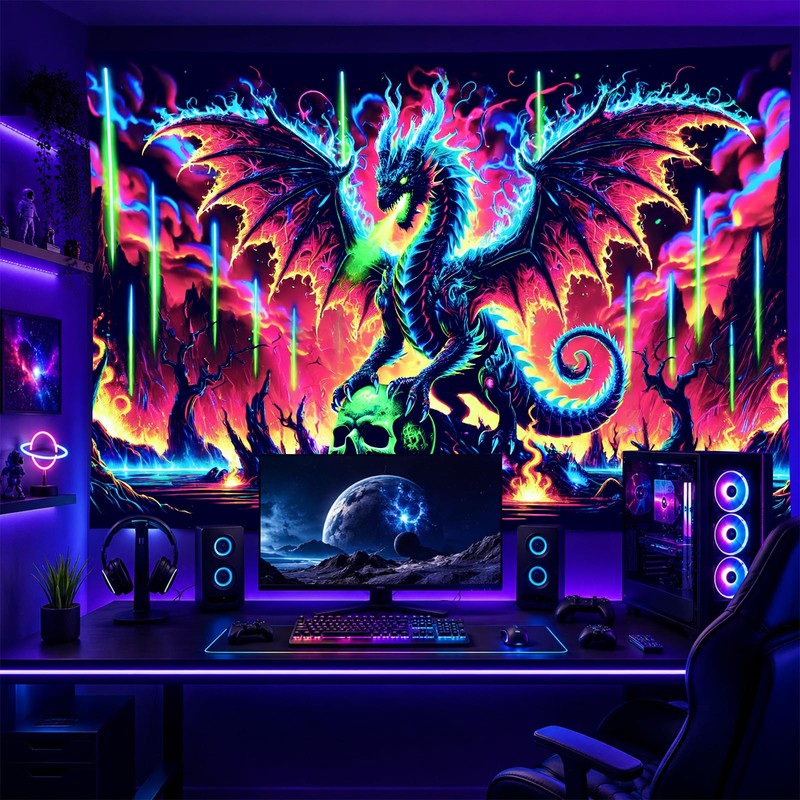 BlissYard Dragon Tapestry Blacklight Tapestry 78x59 Inch UV Wall Hanging