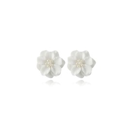 Camellia Pearl Stud Earrings for Women White Pearl Flower Earrings Preppy Earrings Hypoallergenic Boho Summer Holiday Beach Earrings (White)