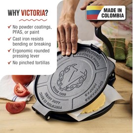 Victoria 10-Inch Cast Iron Tortilla Press HD Spherrous, Commercial-Grade Cast Iron Tortilla Maker, Roti Press, Pataconera Seasoned with Flaxseed Oil, Made in Colombia, Black