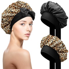 SOMLAW Pack of 2 Silk Bonnet for Sleeping, Sleep Cap, Hair Protection, Satin Hair Cap with Elastic Band, Soft Night Cap for Curly Hair, Sleep Cap Satin Bonnet for Women, Black Leopard Print, Unit size