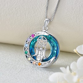 enjoylifecreative Women's 7 Chakra Crystal Necklace 925 Sterling Silver Triple Moon Goddess Lotus Pentagram Moonstone Pendant Chain Chakra Pentagram Jewellery Gift for Women Girls, Sterling Silver,