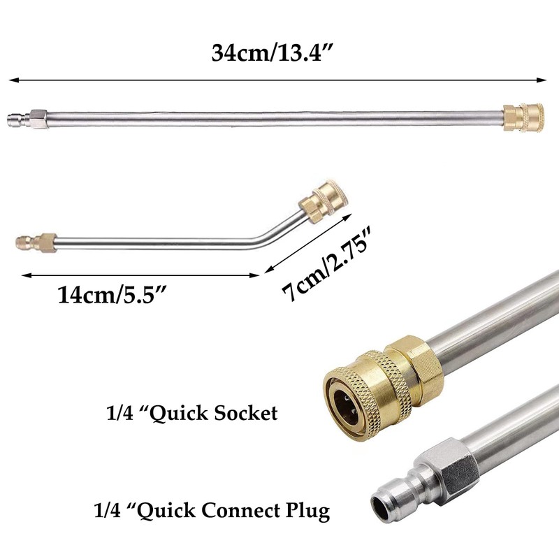 2Pcs Pressure Washer Extension Wand, Extension Lance (13.4"/34cm) + 30°Curved