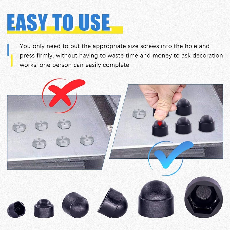Glarks 160Pcs Black Bolt Covers Screw Caps Assortment Kit, M4