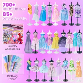 700+Pcs Fashion Designer Kit for Girls - Sewing Kit Arts and Crafts Set for Kids Ages 8-12 with 5 Mannequins & Instruction DIY Doll Clothes Making Learn to Sew Toys for Girls Christmas Birthday Gift