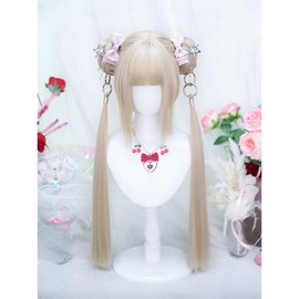 Lolita Wig, Long, Harajuku Style, Full Wig, Twin Tails, Platinum White, Cosplay Wig, Gothic Lolita, Heat Resistant Wig, Wolf, Cute Wig (Golden Gray)