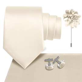 Champagne Tie for Men Wedding Solid Satin Silk Champagne Necktie Pocket Square Cufflinks and Lapel Pin Brooch Set