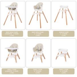 6 in 1 Baby High Chair, Convertible Wooden High Chairs/Booster Seat for Babies and Toddlers, Baby Feeding Chair with 5-Point Harness/Double Removable Tray & Adjustable Footrest (Beige)