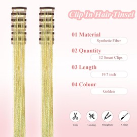 ZYHSLZ 6 Pcs Extensiones de Cabello Brillantes, Clip en Oropel para Pelo con Brillo, Pelucas Brillantes para Niñas, Accesorios para Pelo, 23.6 Pulgadas, para Mujeres, Niñas, Fiestas, Festivales (Dorado)