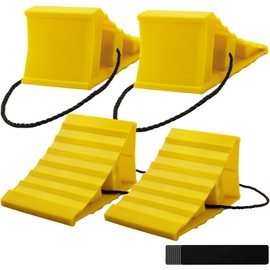 Seuqhck 4 Pack Wheel Chocks, Heavy Duty Non Slip Wheel Chocks with Rope, Plastic Hard Wheel Stoppers Block for Camper Cars, RV Trailer, Trucks (Yellow)