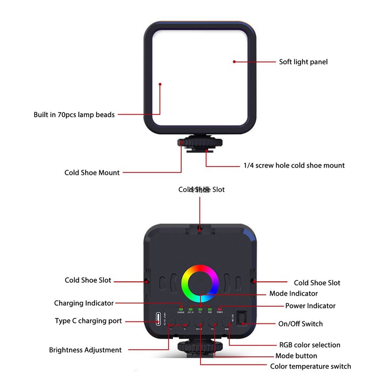 Fill Light Portable RGB Full Color 3000‑9000K Dimmable 70 Beads