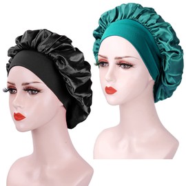 2 Pieces Hair Cap, Satin Night Cap Silk Night Cap Satin Night Cap for Women (Black+Cyan)
