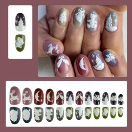 Christmas Press on Nails Short Oval - MINGCHUN Fake Nails Winter Press on Nails 3D Relief Cute Bear Elk Christmas Tree with Design False Nails Christmas Glue on nails Christmas Acrylic Nails 24Pcs