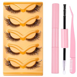 FAIRYGATE Eyelash False 5 Pairs Reusable 3D Dramatic Fluffy Lashes Extensions Handmade Natural Thick Volume Cat Eye Fake Lash Contains Eyelashes Tweezers C2118