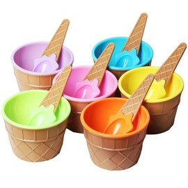 TRIXES Set of 6 Ice Cream Dessert Bowls and Matching Spoons, Plastic, Assorted Cute Colours Pink, Lilac, Blue Orange, Yellow & Green, Wafer Design Ice Cream Cone Bowl
