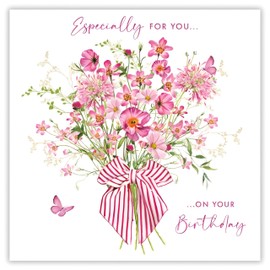Nigel Quiney Female Birthday Card - Happy Birthday Card with Floral Bouquet and Butterflies Design with Foil Details - Birthday Card for Women
