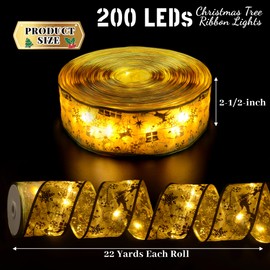 Vimorg Christmas Decorations - 2.5Inch x 66Ft 200 Led Christmas Tree Ribbon Lights with 8 Lighting Modes, Battery Operated & USB Powered Fairy String Lights with Timer for Xmas Tree Decor