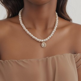 Xmsrn Vintage Oval Crystal Pendant Necklace Boho Pearl Necklace Pearl Choker Necklace Gold Opal Oval Necklace For Women, Zinc, No Gemstone