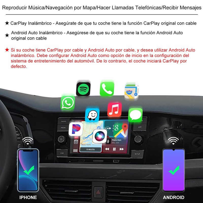 Adaptador Inalámbrico CarPlay con 5.8GHz WiFi, Adaptador Inalámbrico Android Auto,