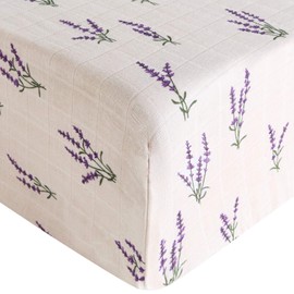 LifeTree Crib Sheets for Baby, Muslin Fitted Crib Sheets Neutral Boys Girls - Toddler Bed Sheet Fits Standard Crib, Organic Cotton Breathable and Lightweight, Lavender Pattern, 28in x 52in
