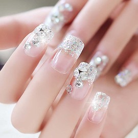 Mosako Uñas postizas cuadradas de cristal a presión con diamantes de imitación en 3D, longitud media, brillantina, brillo de lujo, cobertura completa, puntas de uñas acrílicas, uñas de gel para novia, arte de gel, boda artificial