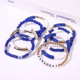GLBCC Game Day Bracelets Curved Bamboo Tube Stretch Bracelets GAME DAY Football Beaded Stackable Stretch Bracelet Set for Women (blue white bracelets)