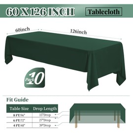 10 Pack 60 x 126 Inch Tablecloth, Hunter Green Tablecloth for 8 Feet Rectangle Tables, Stain and Wrinkle Resistant Washable Fabric Table Cloth for Wedding Party Dining Table Buffet Parties Camping
