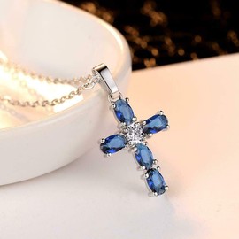 CiNily Created Sapphire & Crystal Cross Pendant Necklace Silver Plated Cross Crucifix Pendant Necklace Jewelry for Women