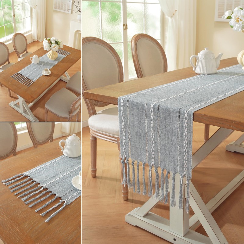 Farmhouse Decor Boho Table Runner with Macrame, Elegant Dusty Blue