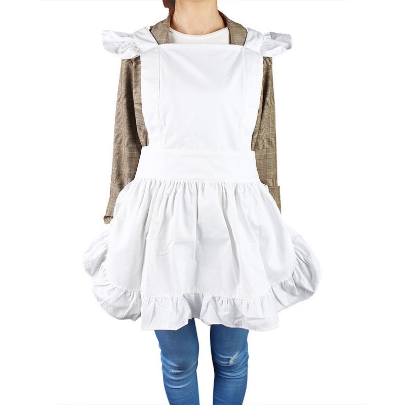 Princess Ruffles Hem Cotton Apron Adjust Waist Women Girl White