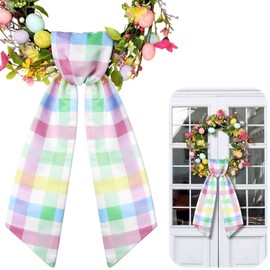 CraftyDream Wreath Sash for Front Door Wreath Satin Sash Blank Sashes Embroidery Monogram Yard Doorway Indoor Outdoor Wall Ribbon Bow Home Decor(Pastel,Easter Buffalo Plaid)
