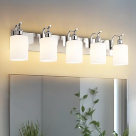 JAZAVA 5 Light Bathroom Vanity Light, Brushed Nickel Vanity Lights for Morden Bathroom Lighting Fixtures Over Mirror Wall Light Fixtures with Milky White Frosted Shade ZCVL01BNW-5