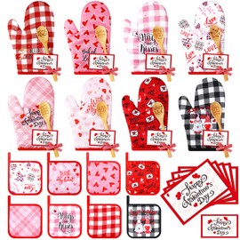 Suclain 32 Pcs Valentine's Day Oven Mitt and Pot Holders Valentine Baking Gift Set Cute Non Slip BBQ Gloves Kitchen Potholder Wooden Spoons and Cards for Women Valentine's Day Gift Cooking Baking