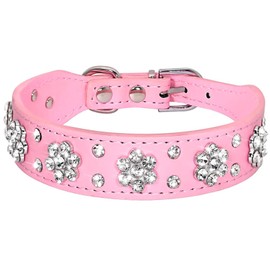 Rhinestone Dog Collar PU Leather Pet Collar Flower Pattern Studded Bling Puppy Collar with Crystal for Cat and Small Medium Dogs (S: for Neck Girth: 11-13 in, Pink)