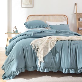 JANZAA Comforters Queen Size Mineral Blue Comforter Set Queen 3PCS(1 Ruffled Comforter Set and 2 Pillowcases) Shabby Chic Bedding Vintage Soft Fluffy Bed Set for All Season