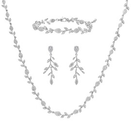 SWEETV Cubic Zirconia Wedding Jewelry Set for Women, Marquise Vine Necklace Earrings Bracelet Set for Bride Bridesmaid, Bridal Jewelry for Wedding Prom