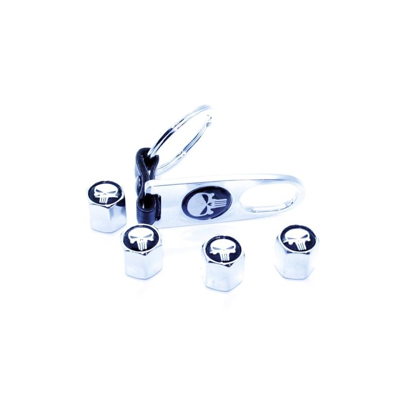 4 Valve Caps + Key Fob Skull Pendant Chrome Key