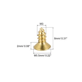 sourcing map Brass Wood Screws, M3x8mm Phillips Flat Head Self Tapping Connector for Door, Cabinet, Wooden Furniture 25Pcs