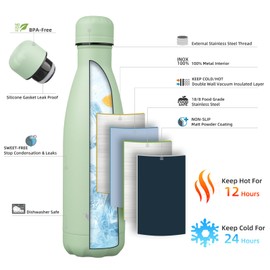 Konokyo Insulated Water Bottles,17 oz Double Wall Stainless Steel Vacumm Metal Flask for Sports Travel,Macaron Green