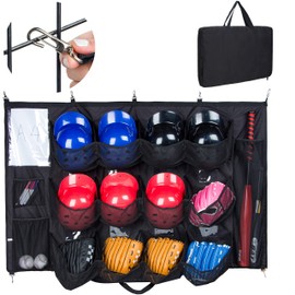 PACMAXI Hanging Baseball Helmet Bag to Organize Baseball Equipment Including Helmets, Gloves, Batting Gloves, Balls, Bat, 12 Player Dugout Organizer Storage (black)