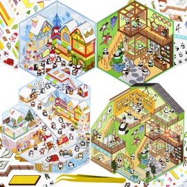 4 Sets DIY 3D Fun House Scenes Stickers with Tweezers Make Your Own Ice and Snow World Panda Teahouse Stickers Scenes Mini Room Craft Stickers for Relief Stress Pass The Time(Large + Small)