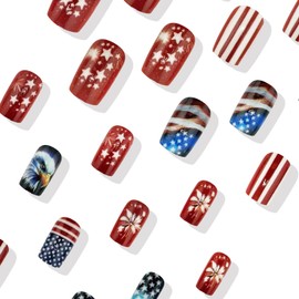 Independence Day Press on Nails Set - 4th of July Press on Fake Nails American Flag Bald Eagle Fireworks Stripe Design False Nails Five-Pointed Star Full Cover Press On Holiday Manicure Decoration