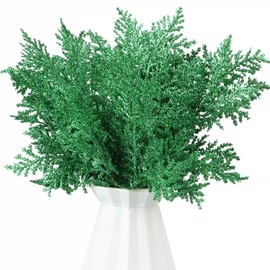 FOIMAS 24pcs Artificial Pine Needles Glitter Christmas Floral Picks Branches Fake Floral Twig Picks Sprays for Christmas Tree Wreaths Floral Arrangement Home Holiday Decor,Green