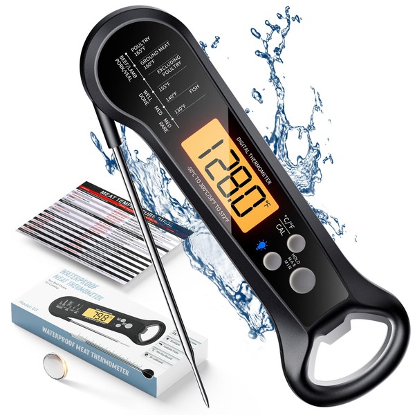 Meat Thermometer Digital, Waterproof Instant Read Food Thermometer for Cooking and Grilling. Kitchen Gadgets, Accessories with LED Backlit Display, Bottle Cap Opener for Kitchen, BBQ, Grill