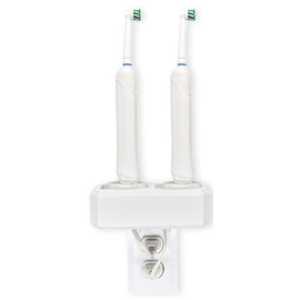 HOYT DESIGN Electric Toothbrush Holder, Wall Mount, Compatible with Oral-B, Holds 2 Chargers, Mounts on Single Duplex Outlet ONLY. (Charger/Brushes NOT Included), White, OB2C-DSSV