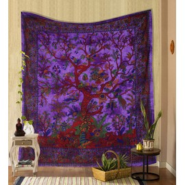 THE ART BOX Tapestry Purple Tree of Life Wall Hanging Psychedelic Tapestries Indian Cotton Twin Bedspread Picnic Sheet Wall Decor Blanket Wall Art Hippie Bedroom Décor (Medium, 60x54 Inch)